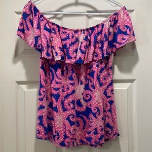 Lilly Pulitzer Pink and Blue Off-Shoulder Ruffle Top